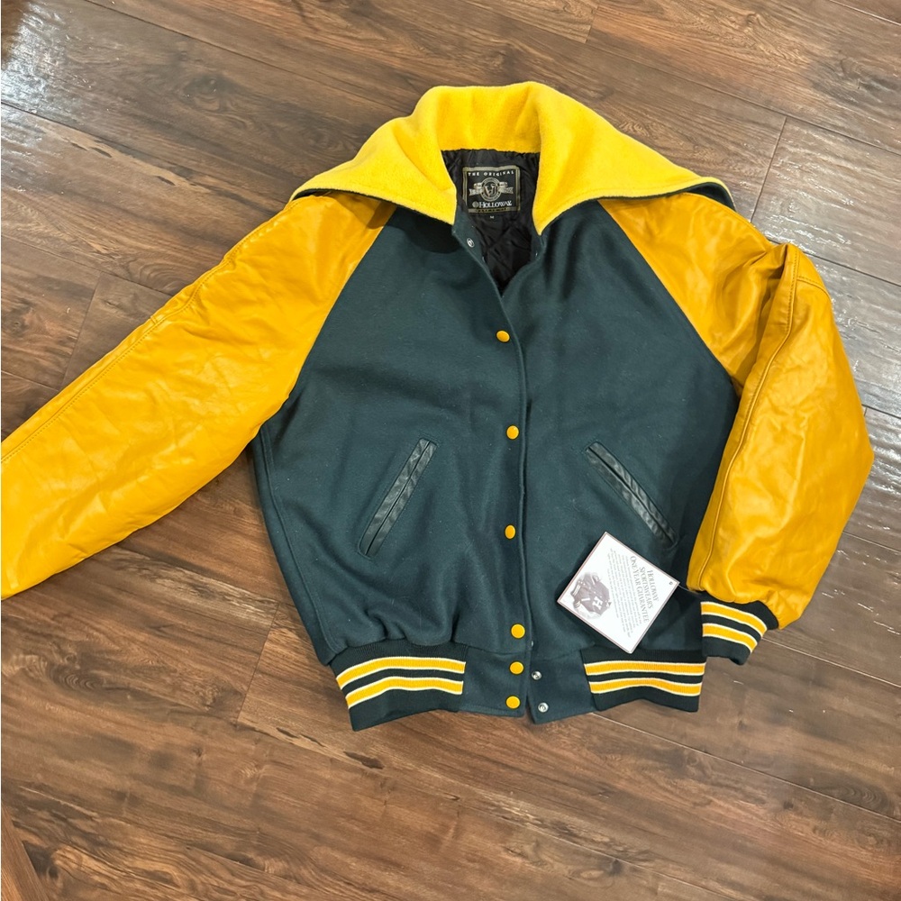 Green Gold Yellow Genuine Leather Letterman Varsity Jacket